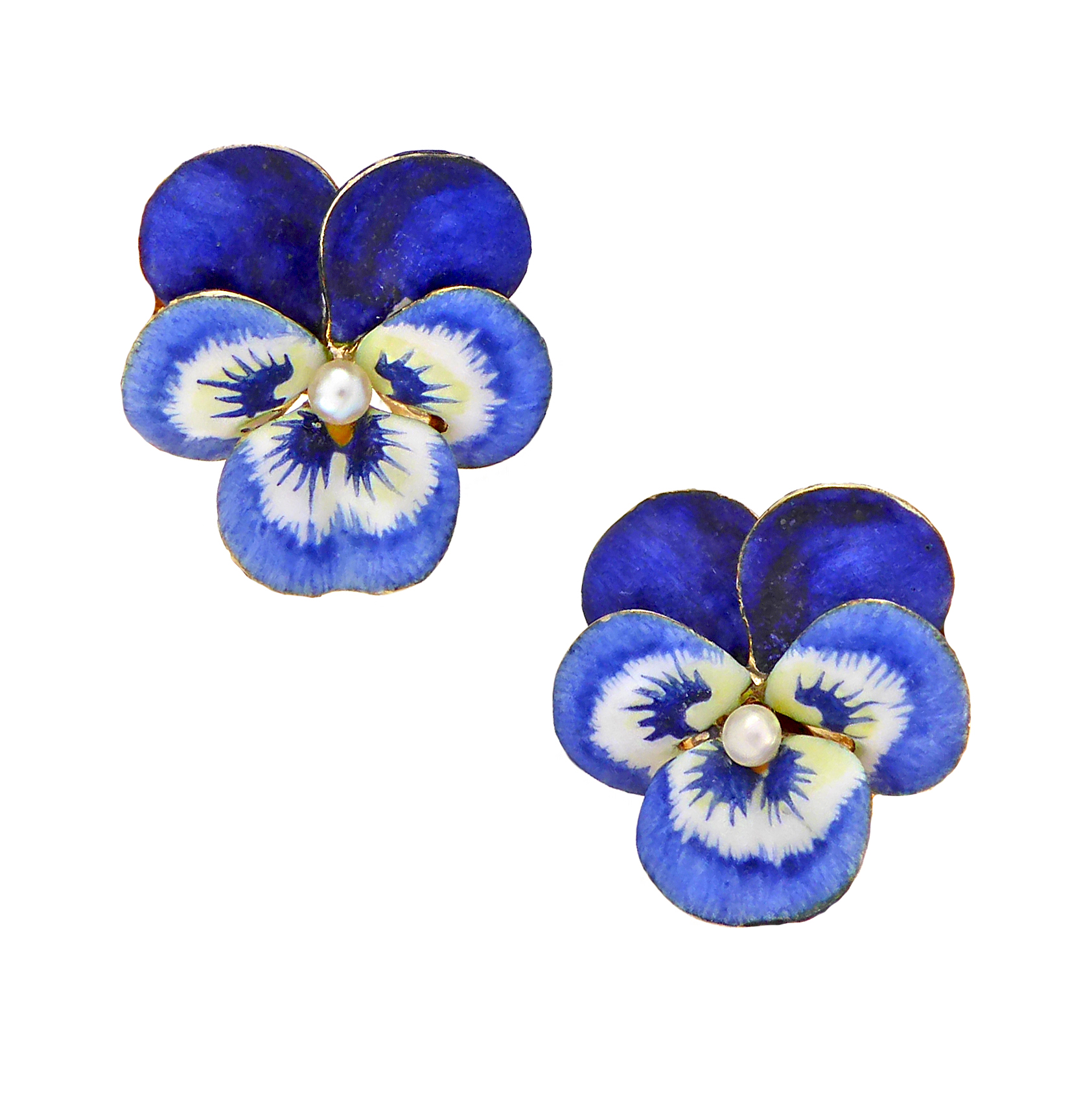 Pair of late 19th / early 20th century blue-purple enamel, pearl and gold pansy earrings by Hedges, American c.1900,